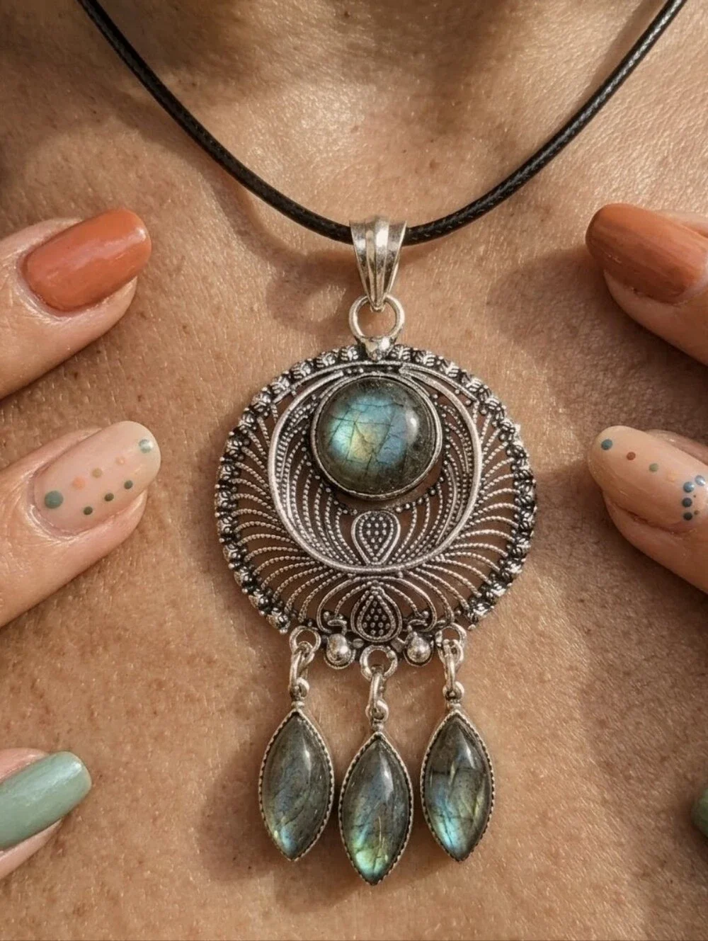 Sterling Silver Labradorite Mandala Dreamcatcher Medallion Pendant Necklace Boho